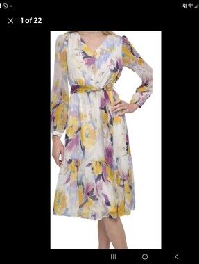 DKNY Floral White Midi Dress with Yellow and Purple Accents